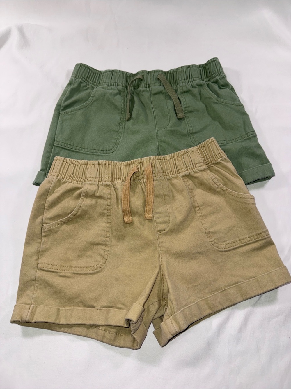 Kids Elastic Waist Drawstring Shorts - Olive & Khaki